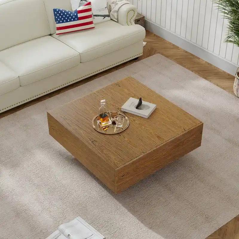 35.43  Square Wood Coffee Table with 2 Drawers, Brown Wood Texture - 35.43