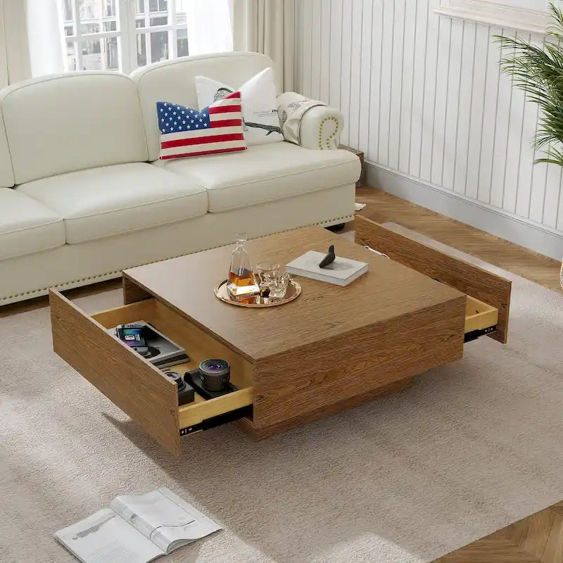 Table basse carrée en bois de 35,43 pouces (avec deux tiroirs)