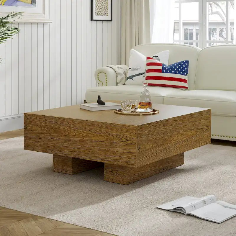 Table basse carrée en bois de 35,43 pouces (avec deux tiroirs)