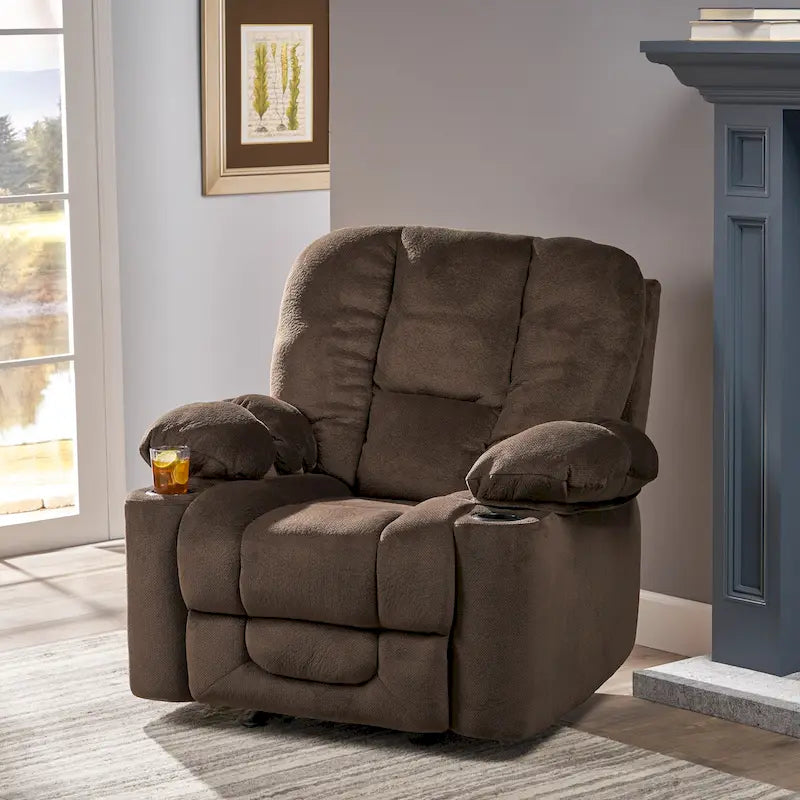 Fauteuil inclinable manuel de luxe — Chocolat, tissu doux pour la peau, deux porte-gobelets