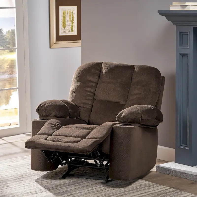 Fauteuil inclinable manuel de luxe — Chocolat, tissu doux pour la peau, deux porte-gobelets