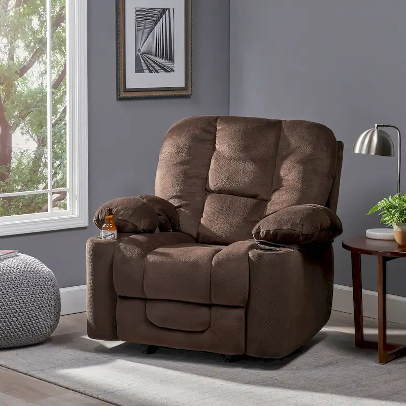 Fauteuil inclinable manuel de luxe — Chocolat, tissu doux pour la peau, deux porte-gobelets