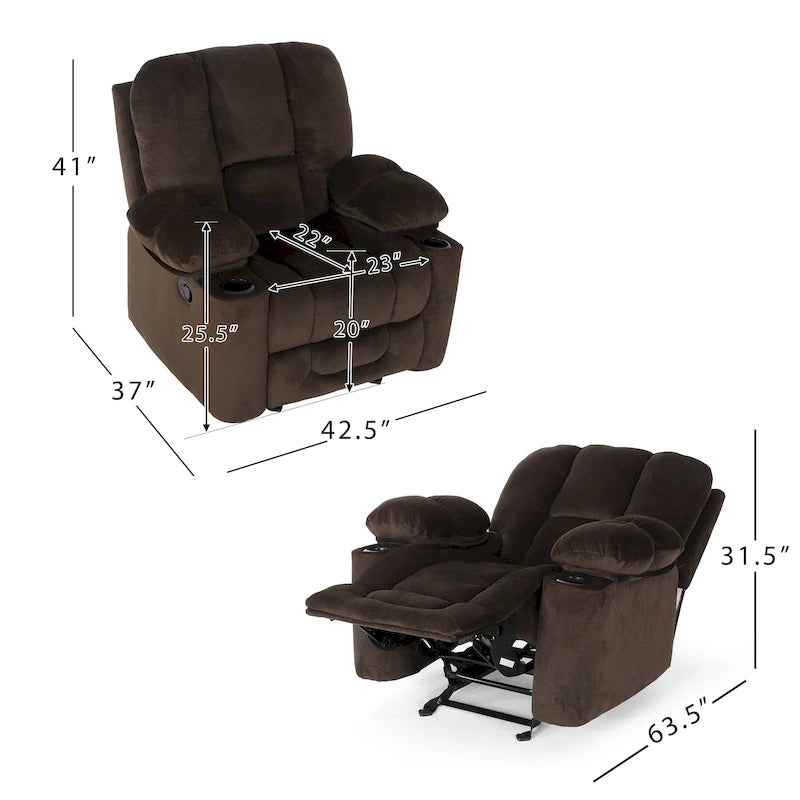 Fauteuil inclinable manuel de luxe — Chocolat, tissu doux pour la peau, deux porte-gobelets