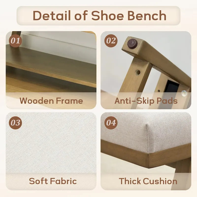 Banc à chaussures en bois massif avec coussin pour entrée