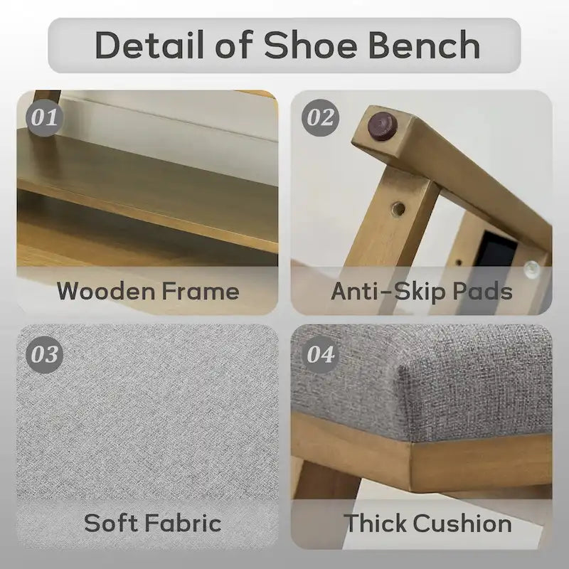 Banc à chaussures en bois massif avec coussin pour entrée