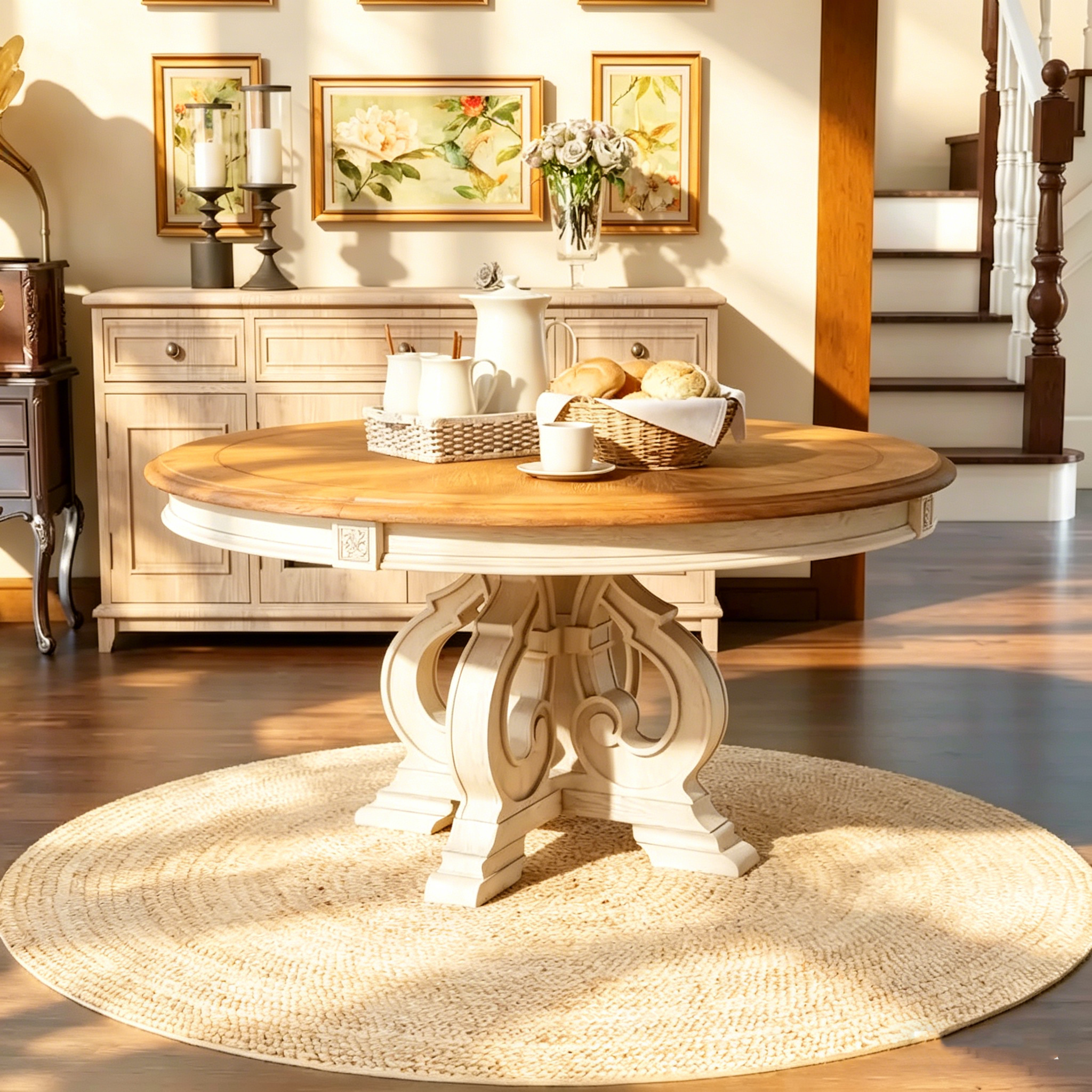 Table à manger ronde en bois 60 pouces blanc antique style ferme