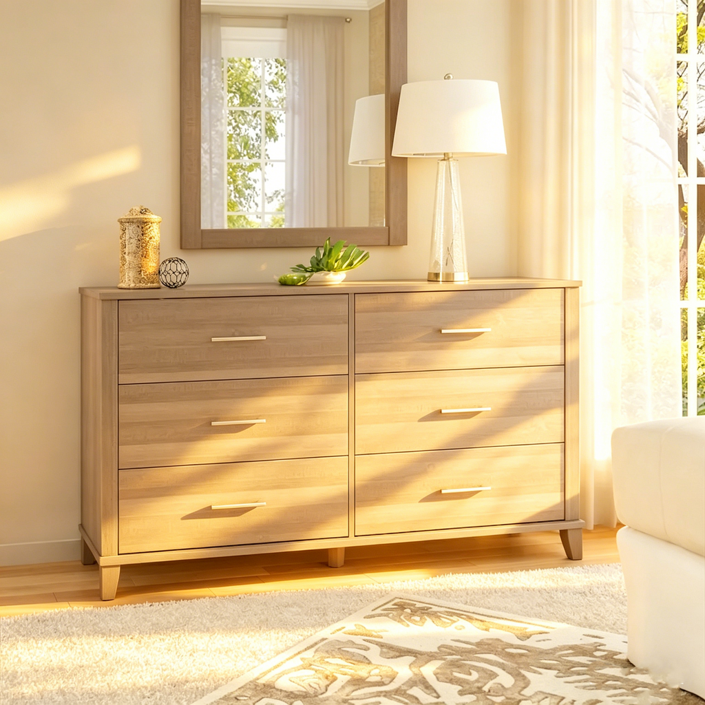 Commode grise texturée à grain de bois de style transitionnel