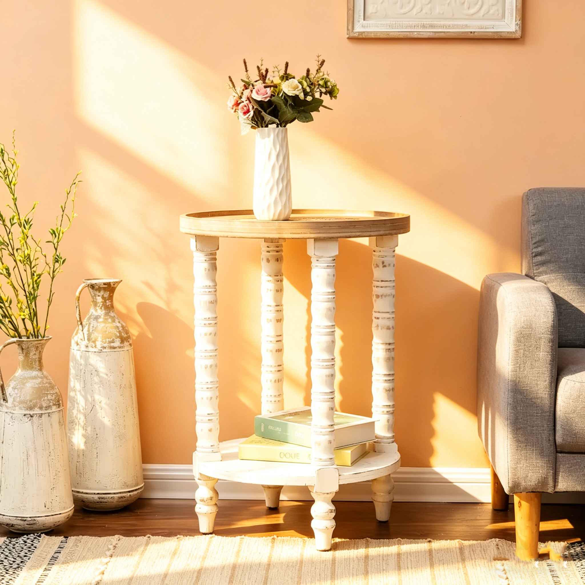 Table d'appoint ronde en bois naturel et vieilli (avec rangement)