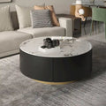 Table basse ronde moderne avec plateau en marbre, base en métal et 2 tiroirs