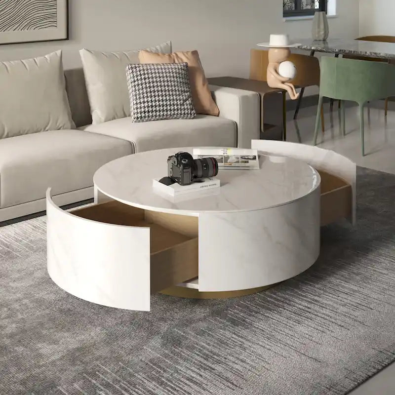 Table basse ronde moderne avec plateau en marbre, base en métal et 2 tiroirs