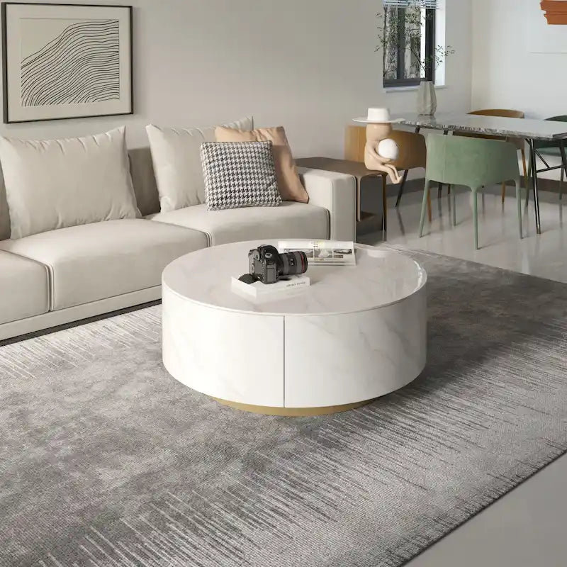 Table basse ronde moderne avec plateau en marbre, base en métal et 2 tiroirs