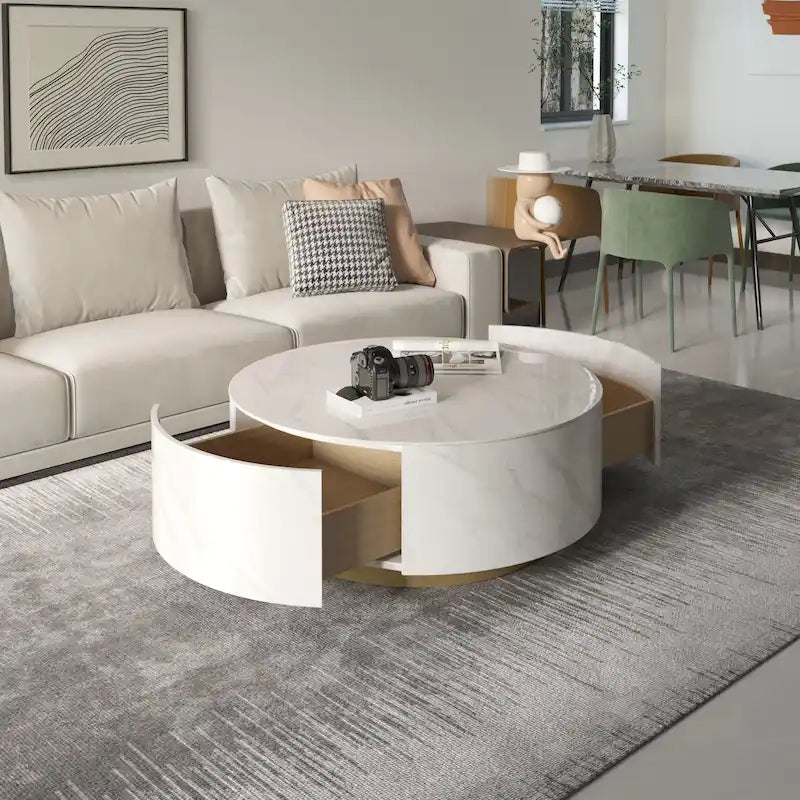 Table basse ronde moderne avec plateau en marbre, base en métal et 2 tiroirs