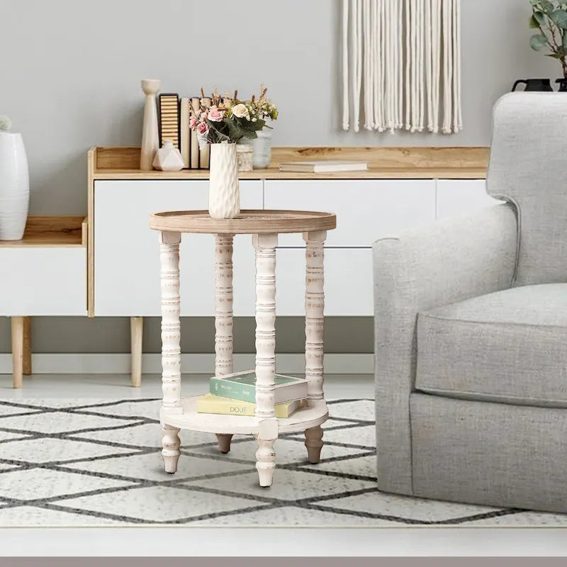 Table d'appoint ronde en bois naturel et vieilli (avec rangement)