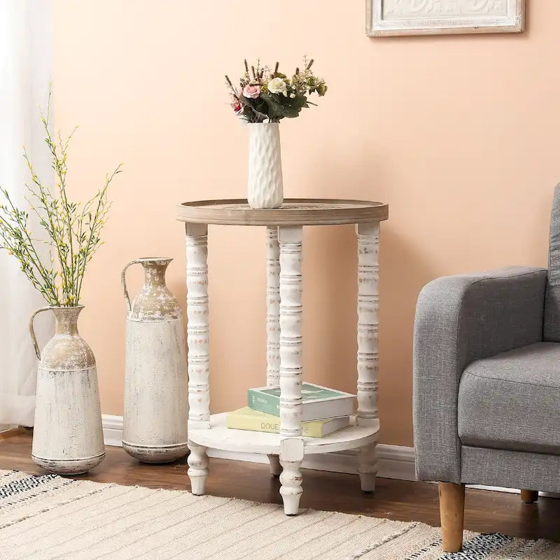 Table d'appoint ronde en bois naturel et vieilli (avec rangement)