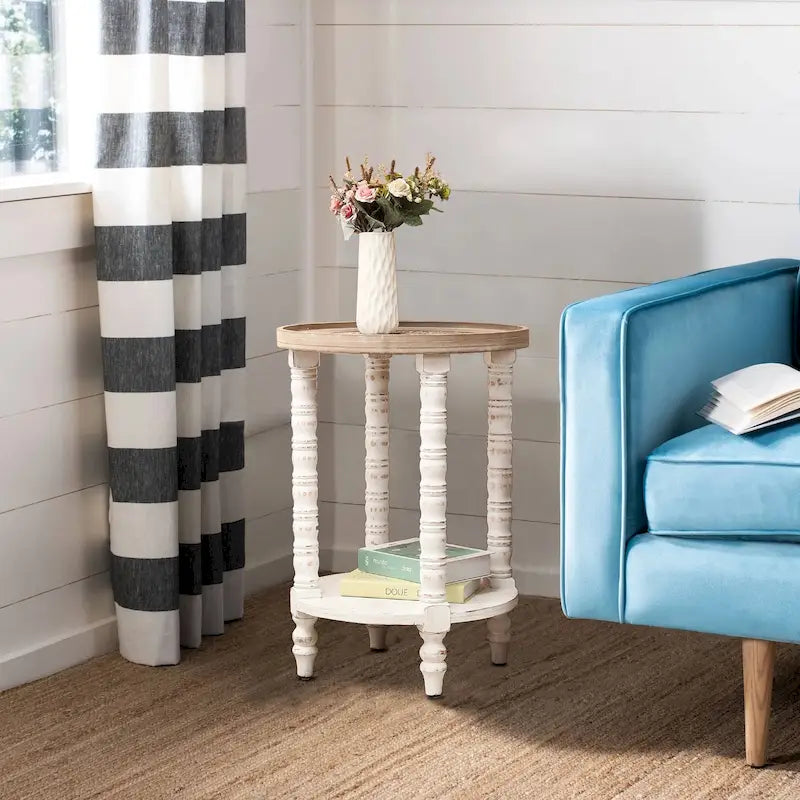 Table d'appoint ronde en bois naturel et vieilli (avec rangement)