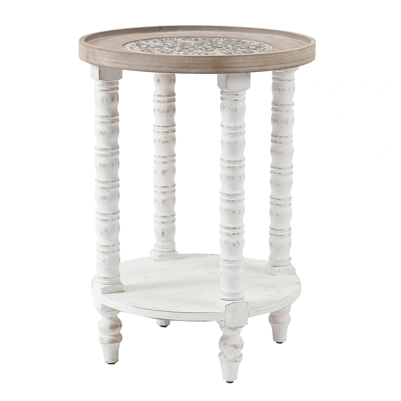 Table d'appoint ronde en bois naturel et vieilli (avec rangement)