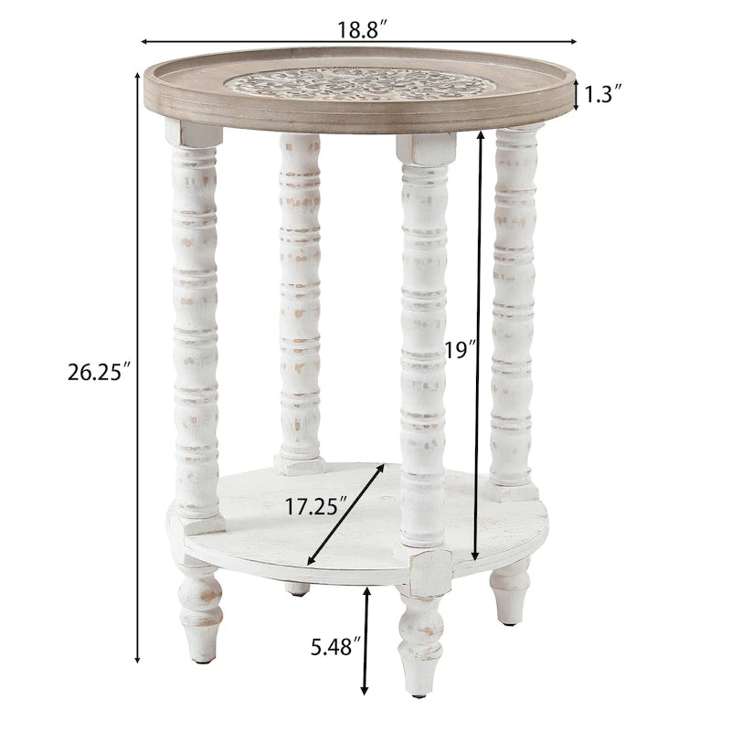 Table d'appoint ronde en bois naturel et vieilli (avec rangement)