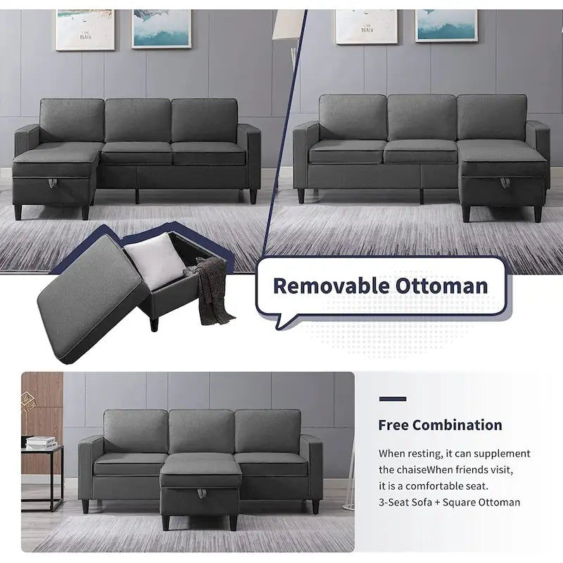 Canapé d'angle moderne rembourré 3 places de 78 pouces avec ottoman