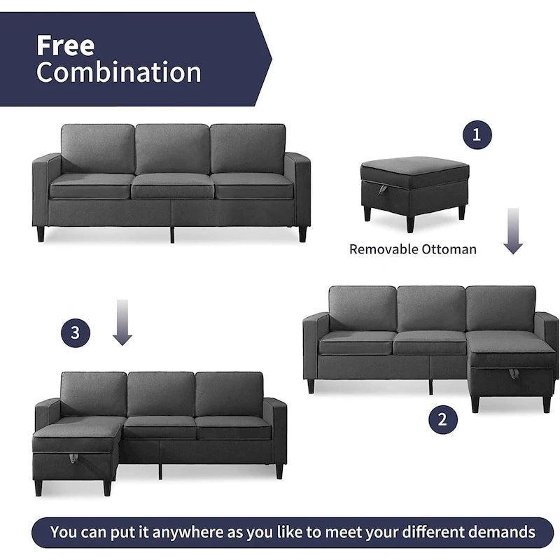 Canapé d'angle moderne rembourré 3 places de 78 pouces avec ottoman