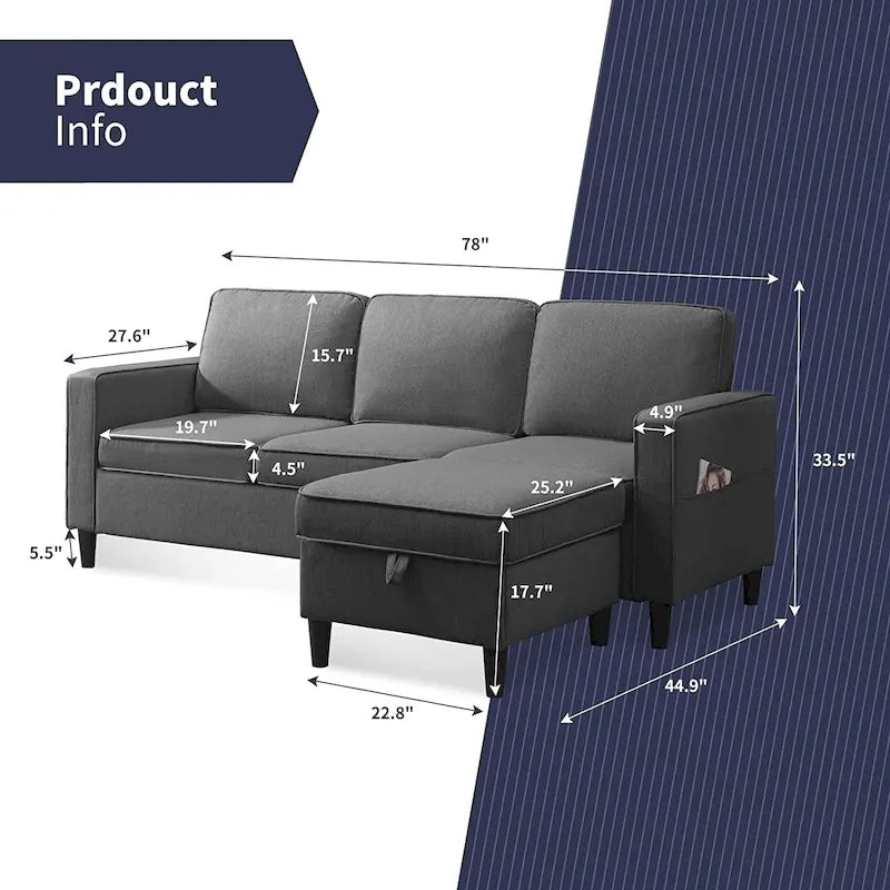 Canapé d'angle moderne rembourré 3 places de 78 pouces avec ottoman