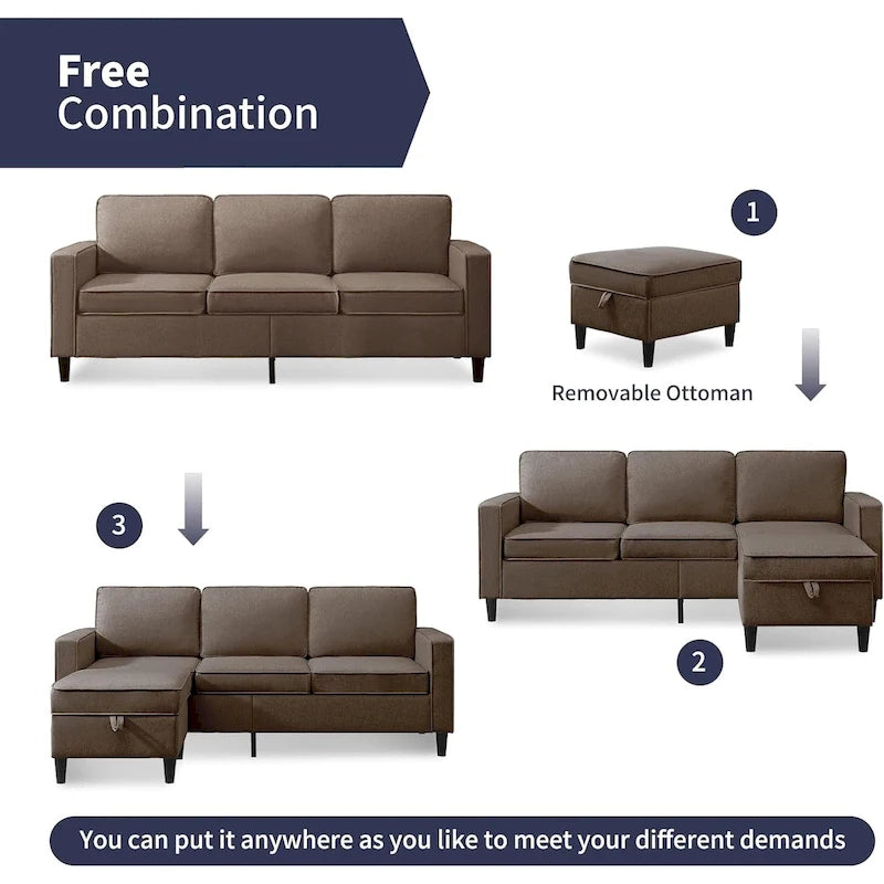 Canapé d'angle moderne rembourré 3 places de 78 pouces avec ottoman