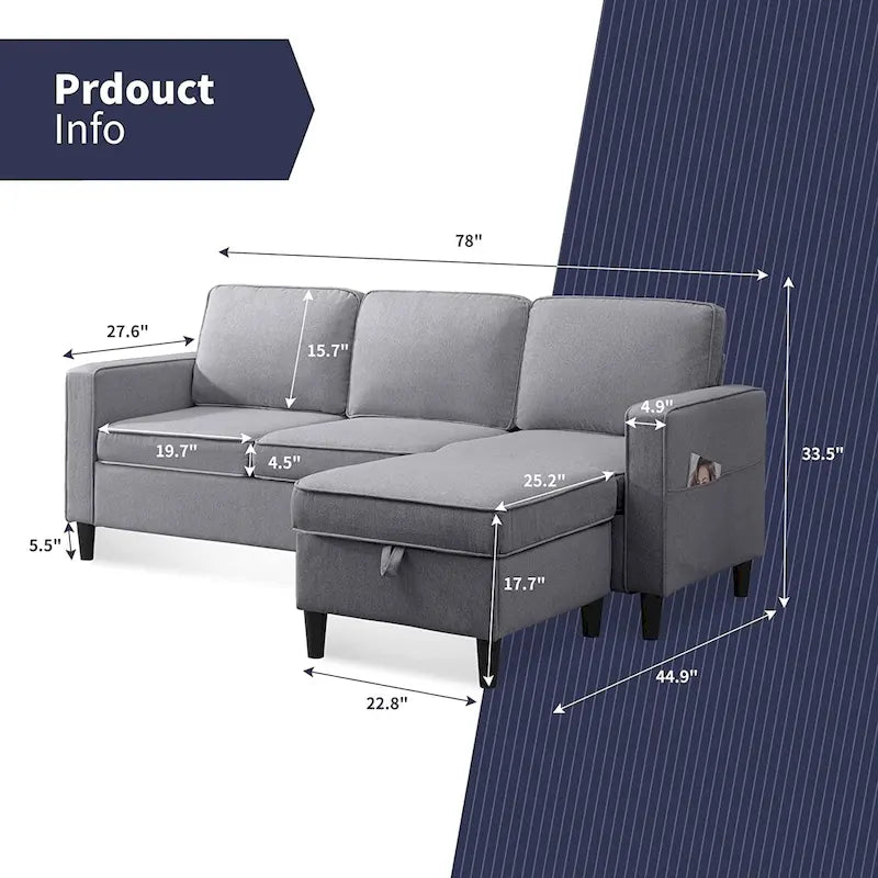 Canapé d'angle moderne rembourré 3 places de 78 pouces avec ottoman