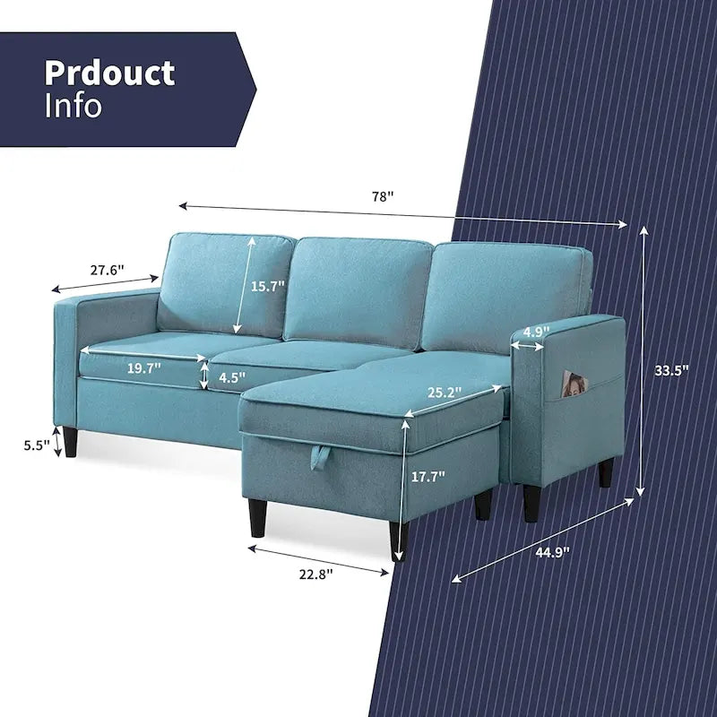 Canapé d'angle moderne rembourré 3 places de 78 pouces avec ottoman