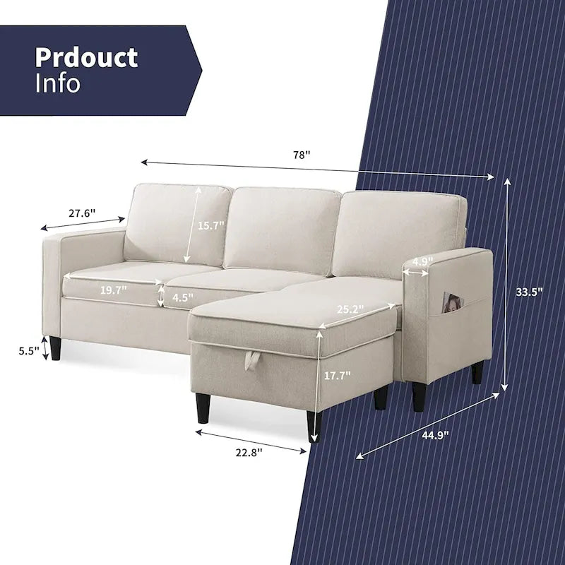 Canapé d'angle moderne rembourré 3 places de 78 pouces avec ottoman