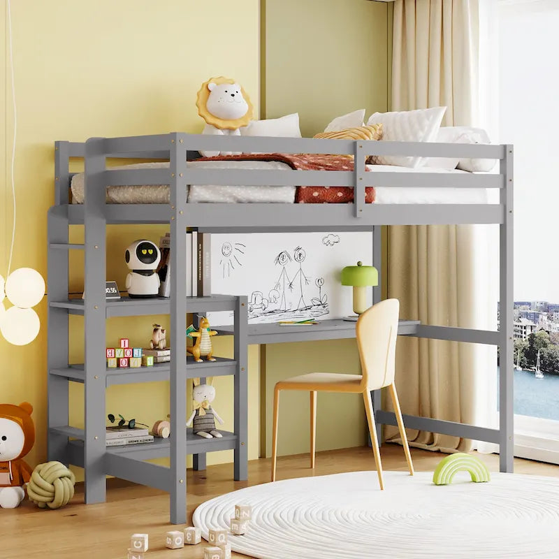 Wooden Loft Bed with Shelves and Desk