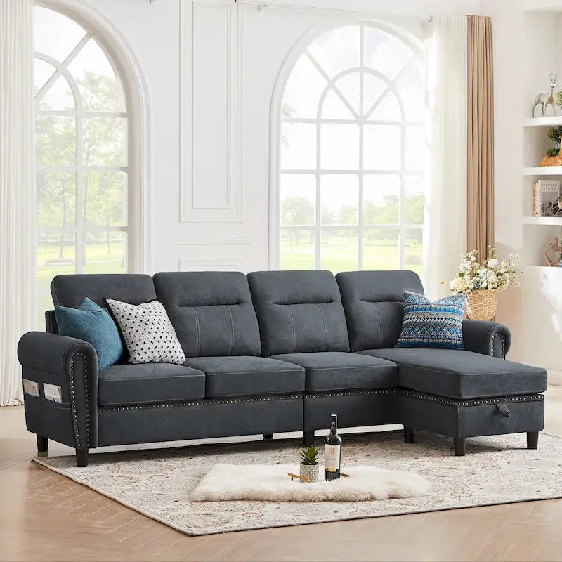 106.69  4 Seater L Shaped Reversible Sectional Sofa with Side Storage Bags