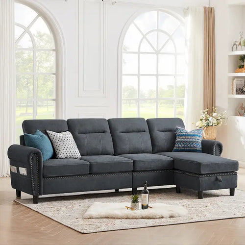 106.69  4 Seater L Shaped Reversible Sectional Sofa with Side Storage Bags