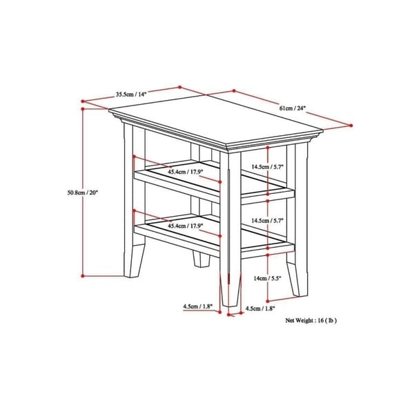 Table d'appoint étroite en bois massif de style transitionnel de 14 pouces de large