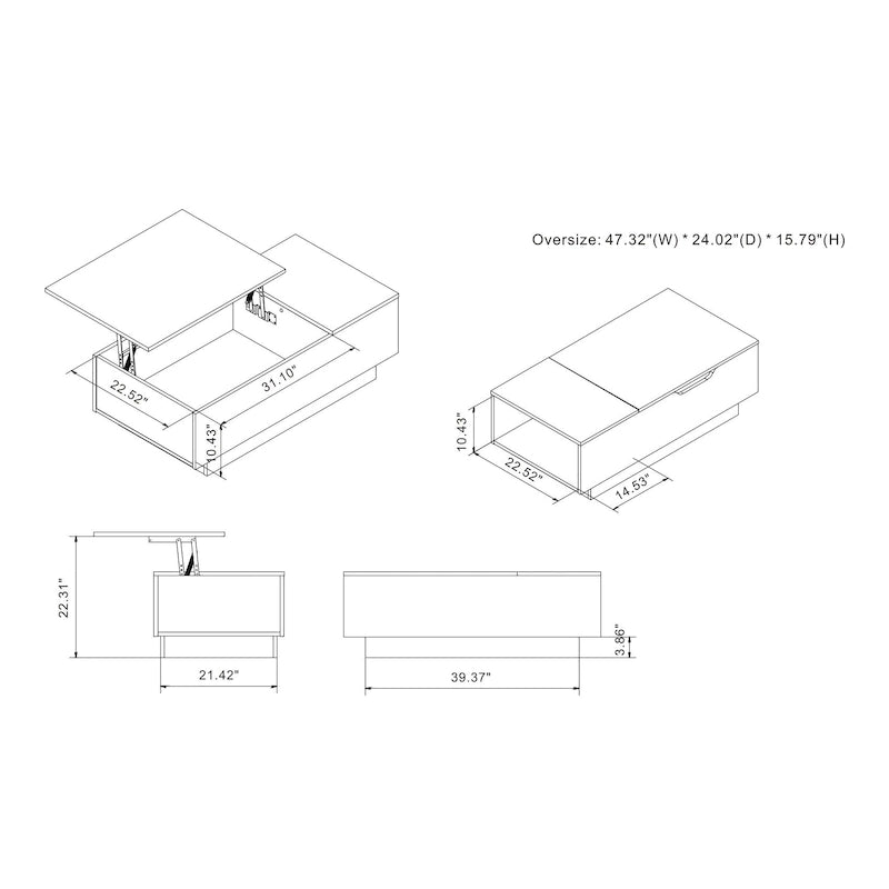 Table basse relevable à niveau unique, style rustique, 47 po