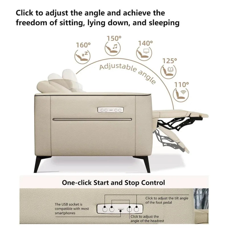 Canapé inclinable électrique en cuir avec port de charge USB de 112,5 po