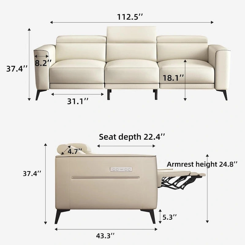 Canapé inclinable électrique en cuir avec port de charge USB de 112,5 po