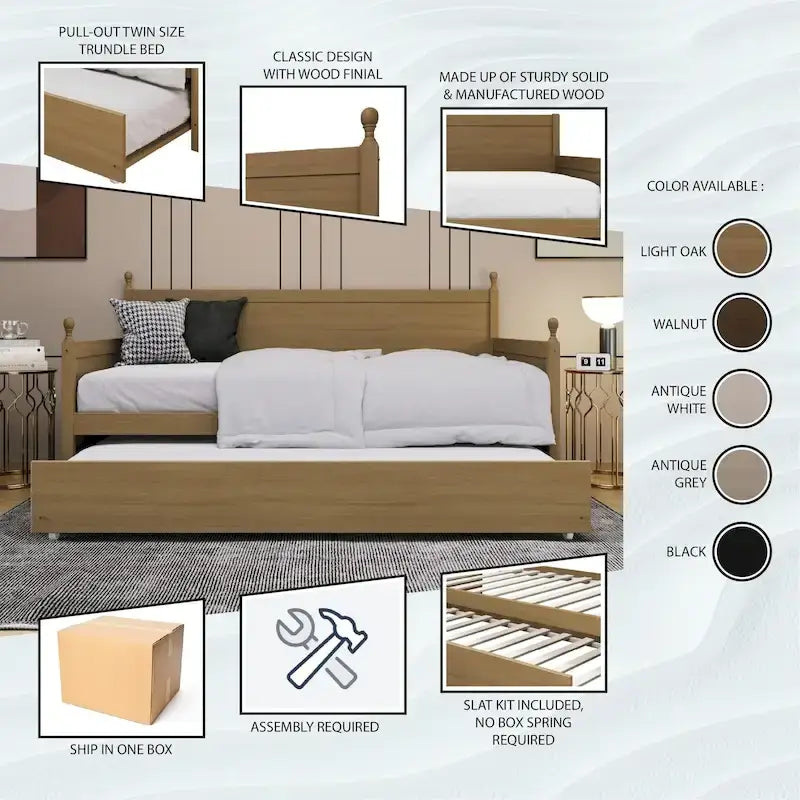 Lit de repos individuel en bois de style Mid-Century (avec lit gigogne escamotable)