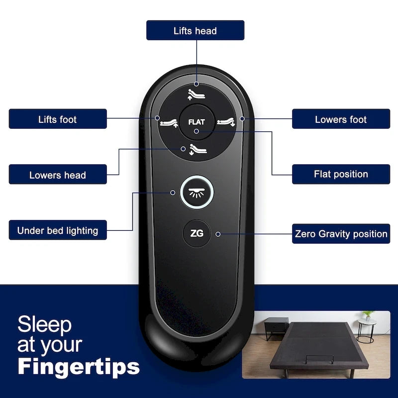 Cadre de lit réglable pour lits avec rangement, gravité zéro, station de charge USB, télécommande sans fil pour l'inclinaison de la tête et des pieds