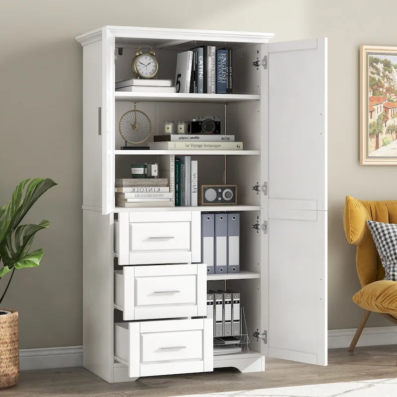 Armoire de rangement haute et large avec portes, trois tiroirs