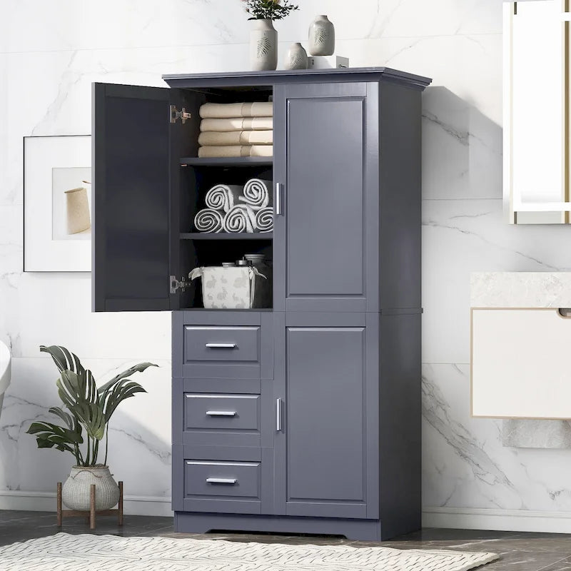 Armoire de rangement haute et large avec portes, trois tiroirs