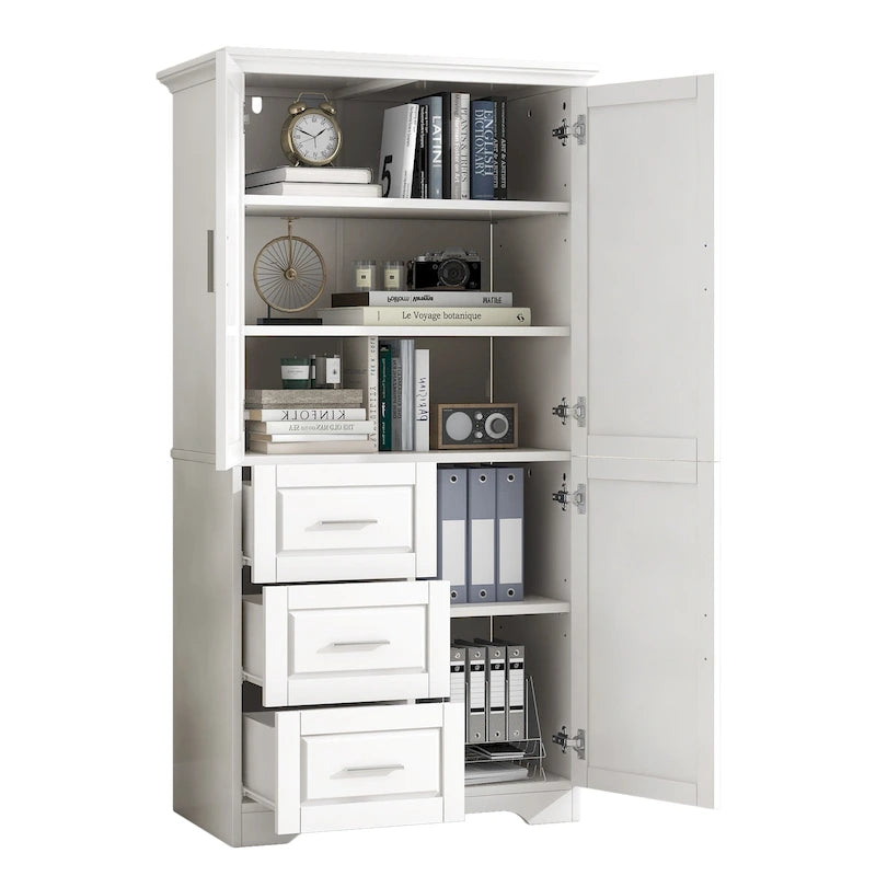 Armoire de rangement haute et large avec portes, trois tiroirs