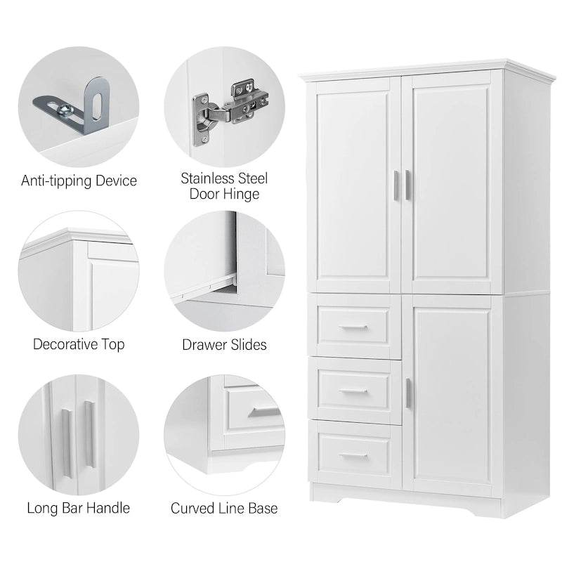 Armoire de rangement haute et large avec portes, trois tiroirs