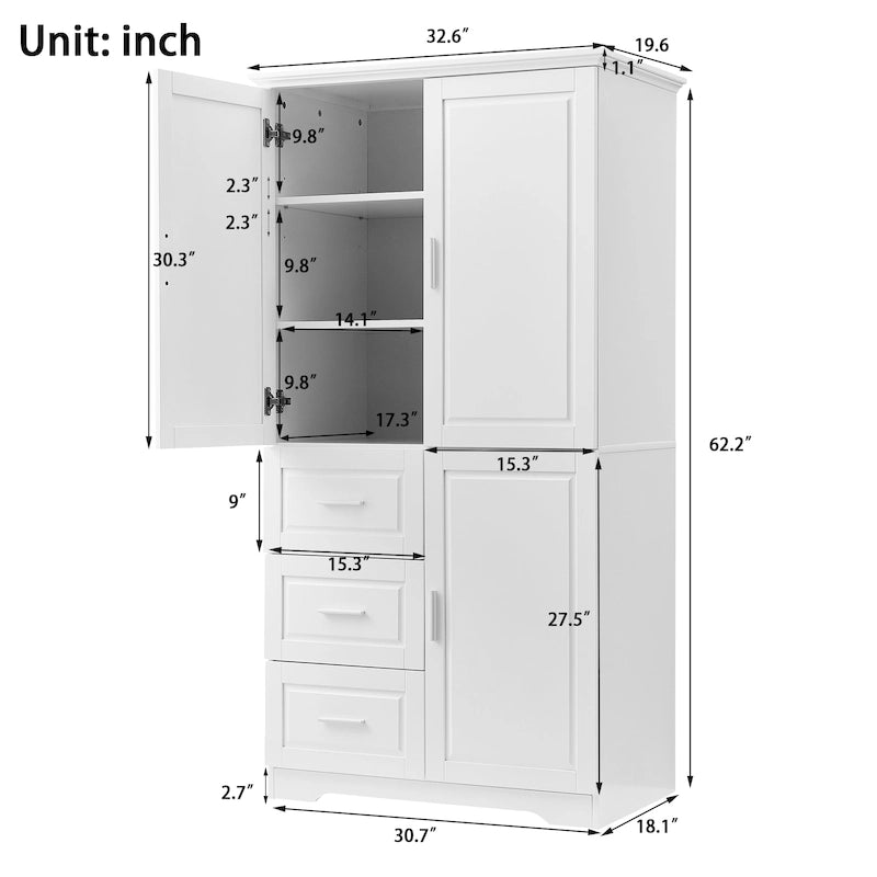 Armoire de rangement haute et large avec portes, trois tiroirs