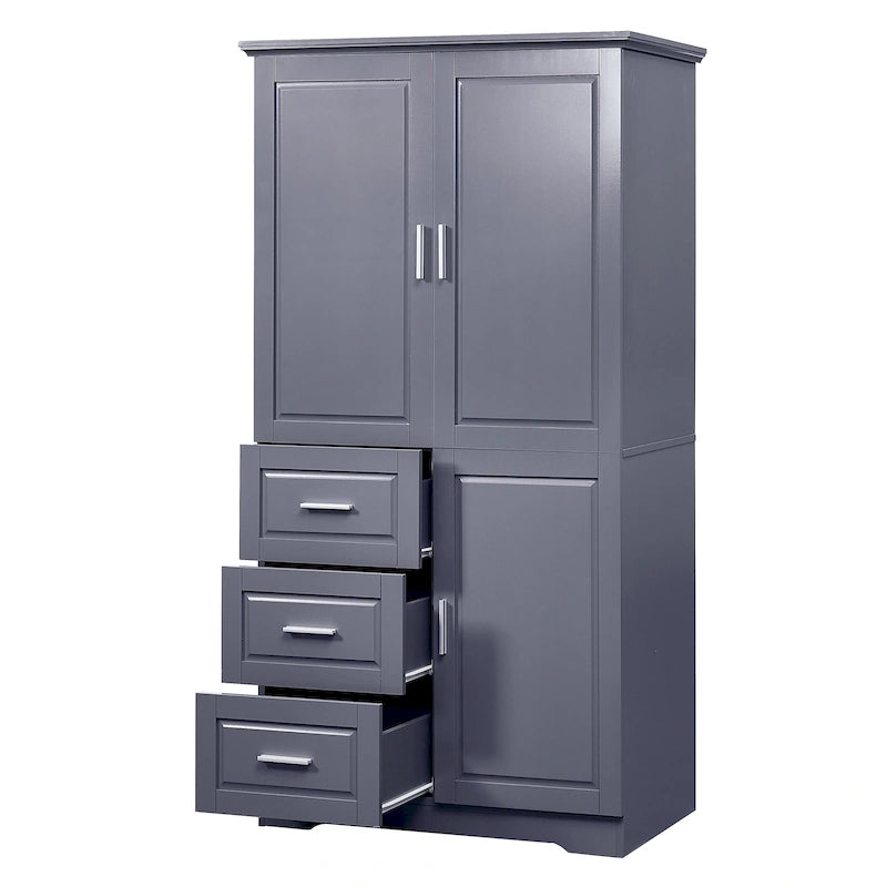 Armoire de rangement haute et large avec portes, trois tiroirs