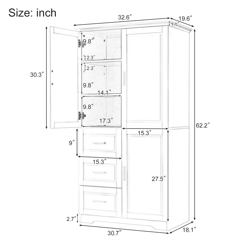 Armoire de rangement haute et large avec portes, trois tiroirs