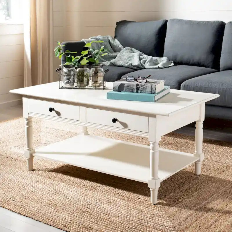 Table basse grise à deux tiroirs — 105,9 cm L x 55,1 cm P x 47 cm H