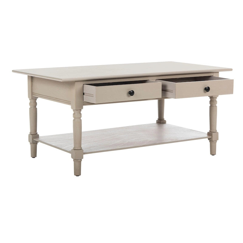 Table basse grise à deux tiroirs — 105,9 cm L x 55,1 cm P x 47 cm H