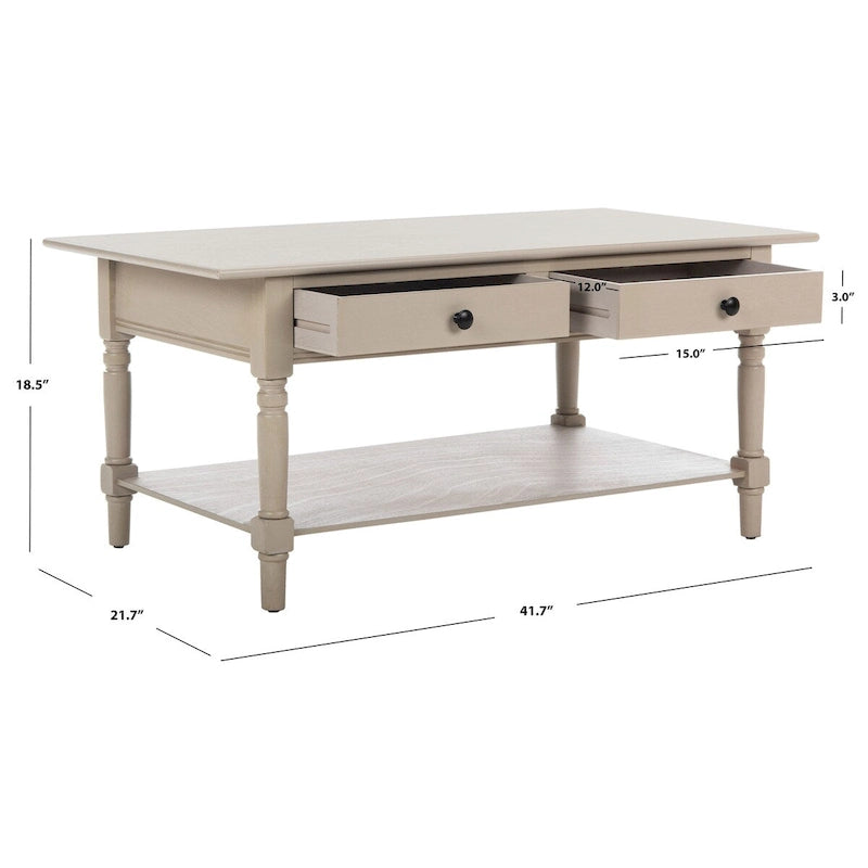 Table basse grise à deux tiroirs — 105,9 cm L x 55,1 cm P x 47 cm H