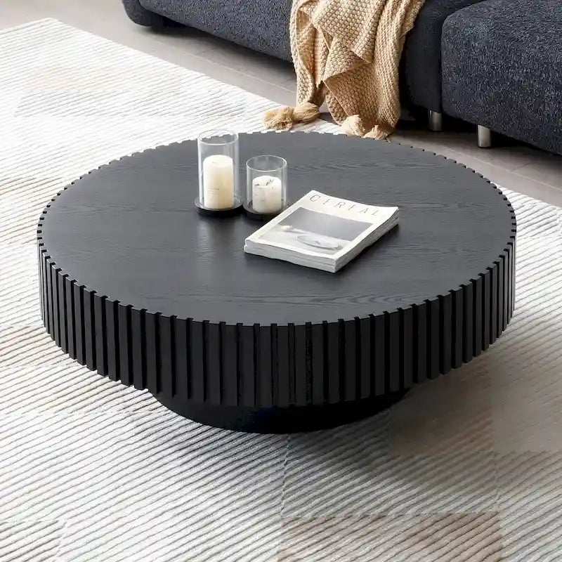 Table basse ronde minimaliste moderne en bois de noyer noir avec une base solide