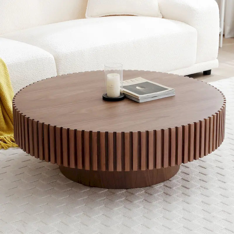 Table basse ronde minimaliste moderne en bois de noyer noir avec une base solide