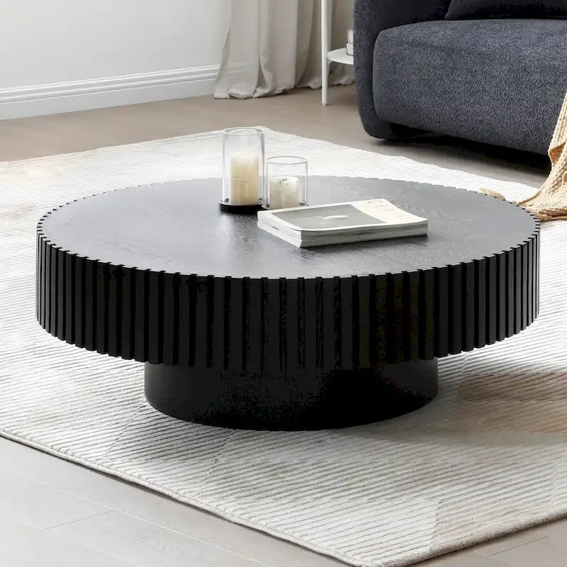 Table basse ronde minimaliste moderne en bois de noyer noir avec une base solide